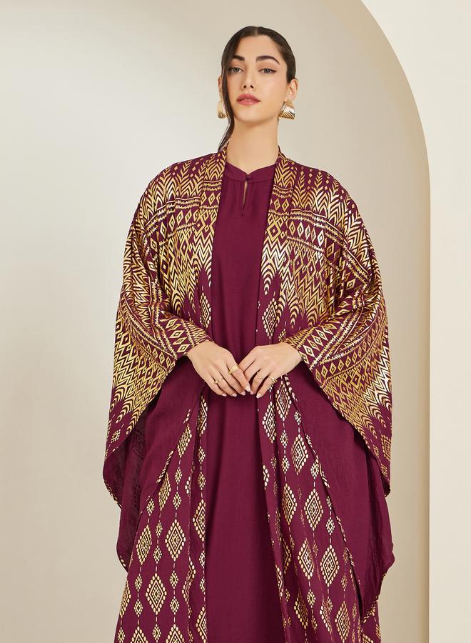 Amirah Foil Print Front Open Kaftan Style Abaya and Dress Modest Set - Image 1